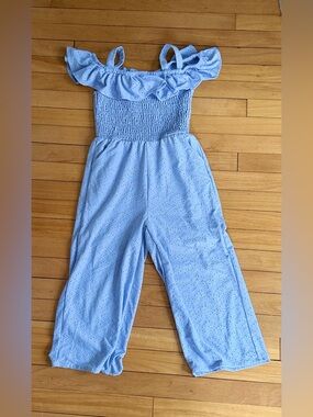 Girls' Cropped Eyelet Jumpsuit - Smocked Bodice - Light Blue - 8Y